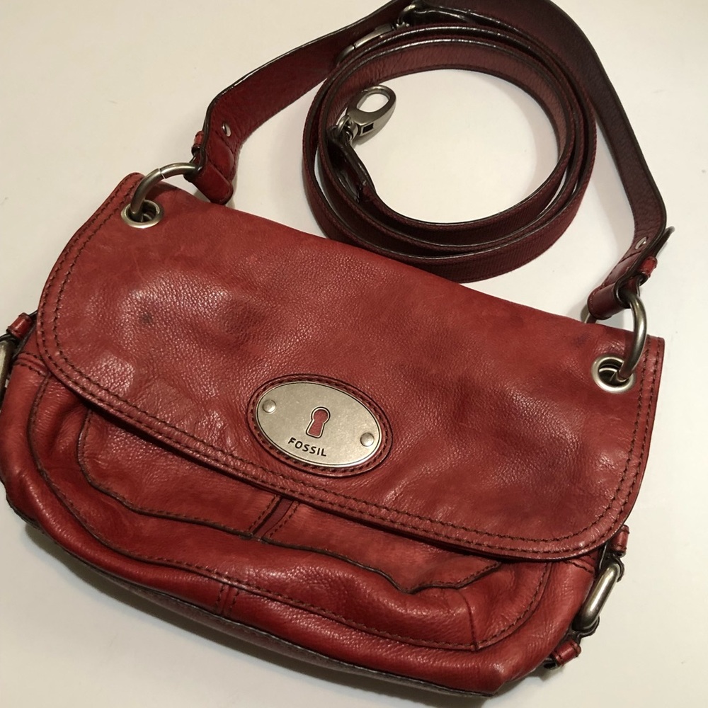 Fossil Leather Red Cross body Vintage bag with short and long strap